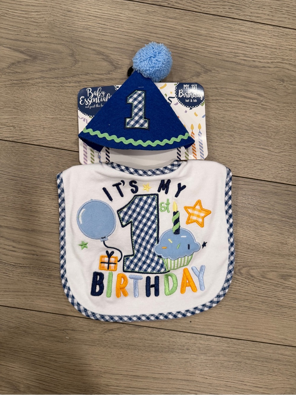 Baby Essentials Blue and White 1st Birthday Bib & Party Hat Set